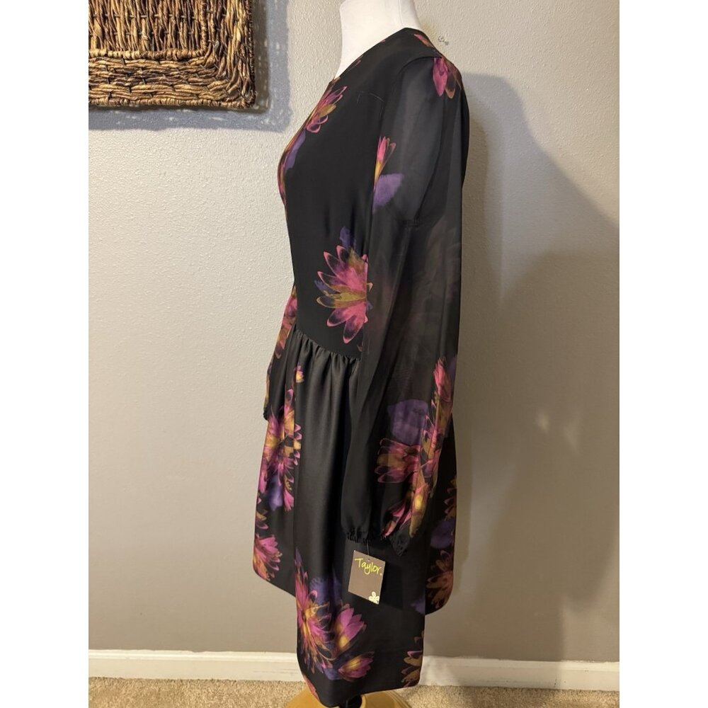 Taylor Dress 12 Black Plum Pink Floral Sheer Long Sleeve A Line Stretch NEW - Picture 8 of 15